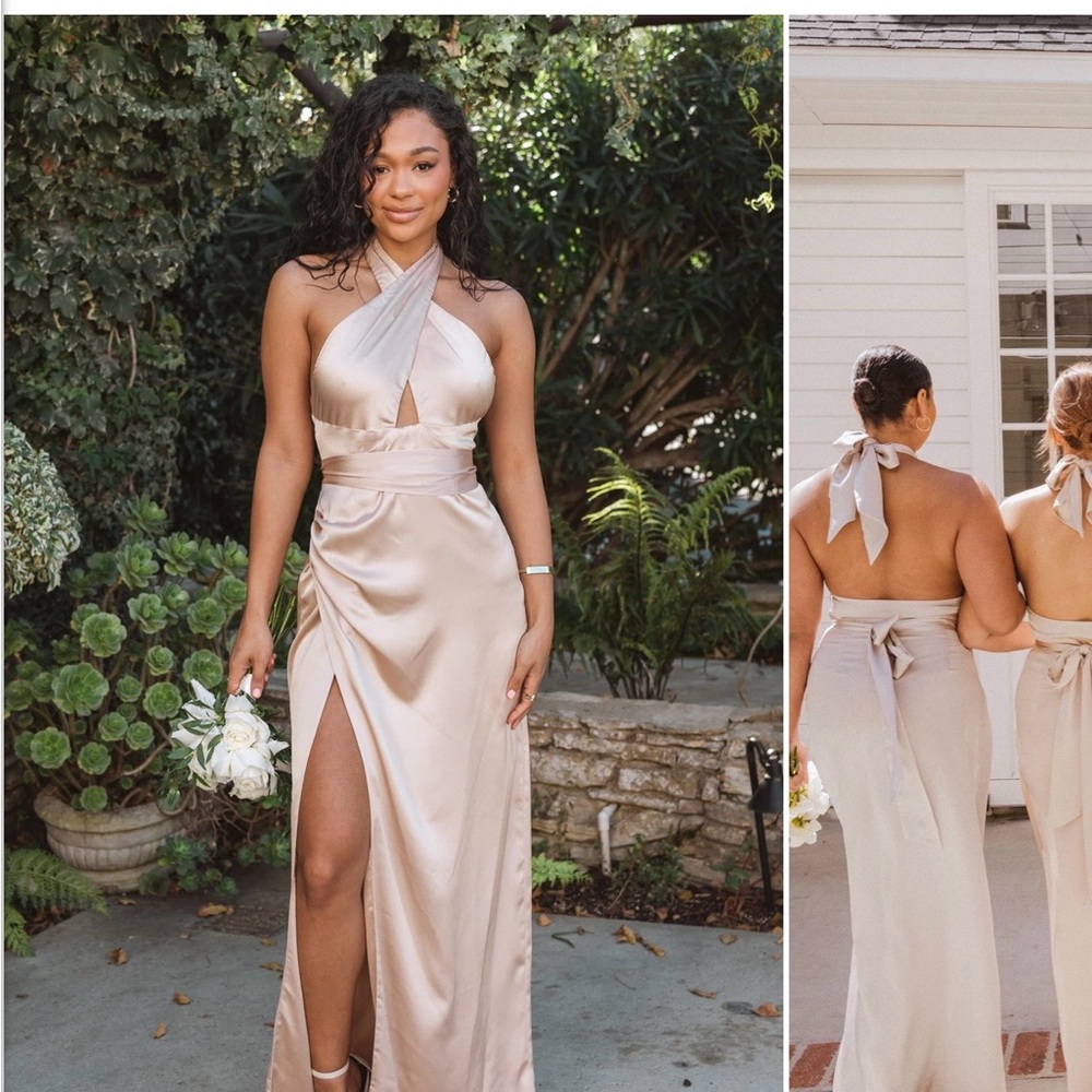 Show Me Your Mumu Adele Halter Satin Dress in Champagne